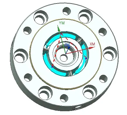 Desenho em 3D de uma flange com furos em volta, feito no computador